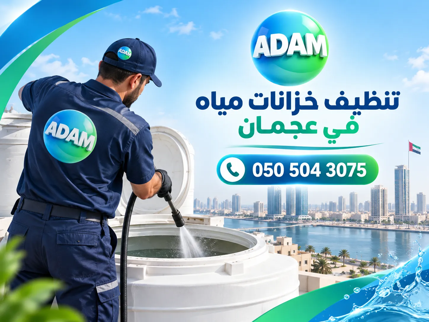 فني من Adam Cleaning Services ينفذ خدمة تنظيف خزانات مياه في عجمان داخل خزان علوي