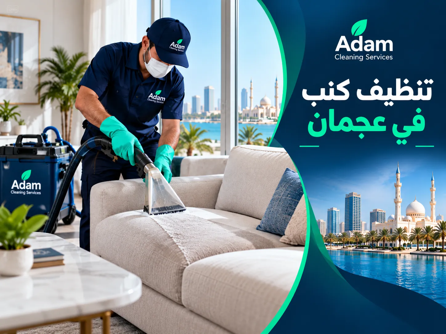 فريق متخصص يقدم تنظيف كنب في عجمان داخل منزل باستخدام معدات تنظيف المفروشات