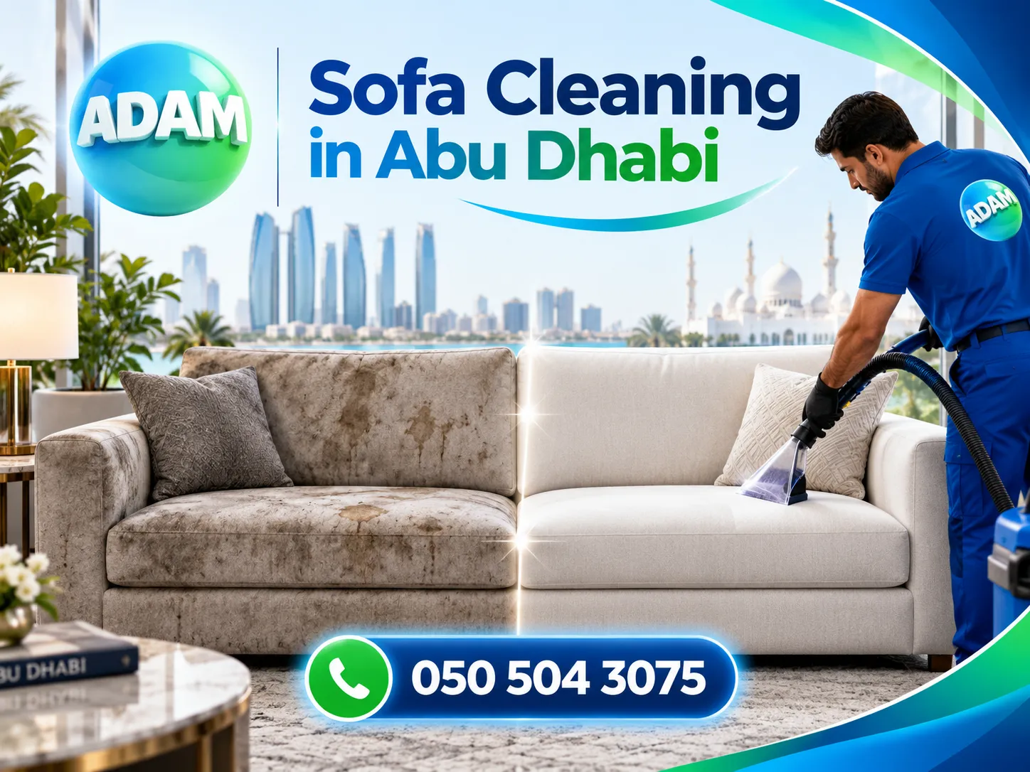 Professional Sofa Cleaning in Abu Dhabi team cleaning upholstered furniture inside a home