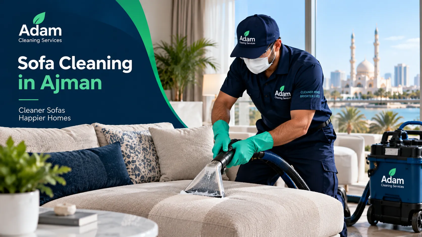 Professional sofa cleaning team preparing upholstery for deep cleaning in Ajman