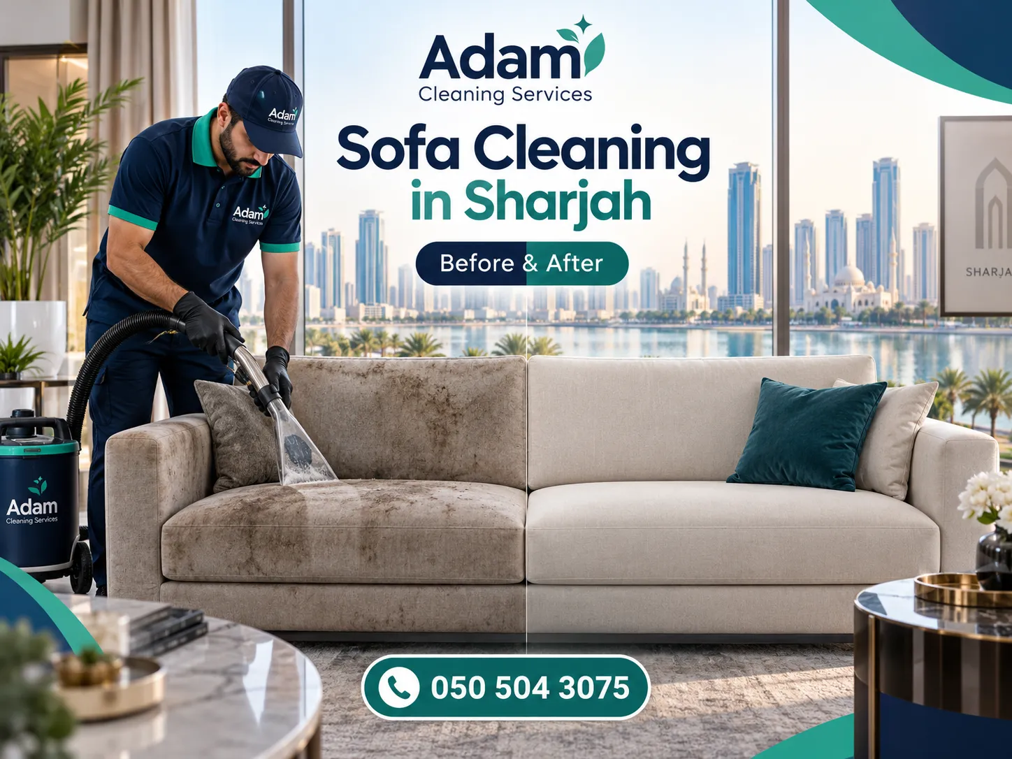 Clean sofa after professional Sofa Cleaning in Sharjah by Adam Cleaning Services