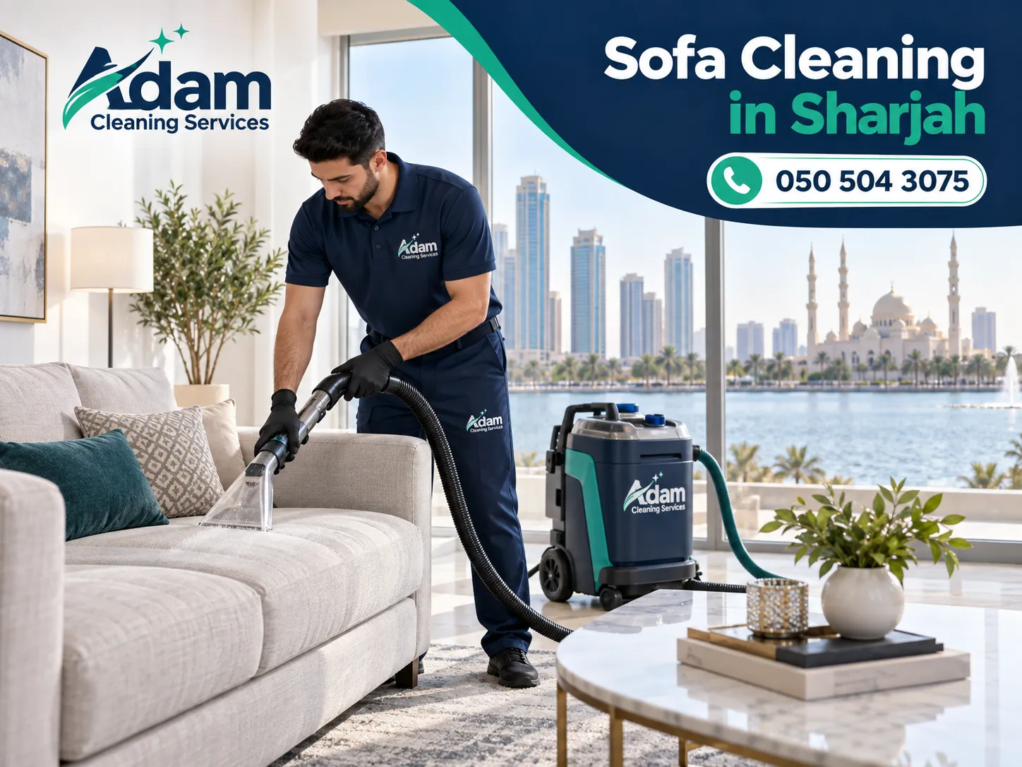 Technician carrying out Sofa Cleaning in Sharjah with professional upholstery extraction equipment