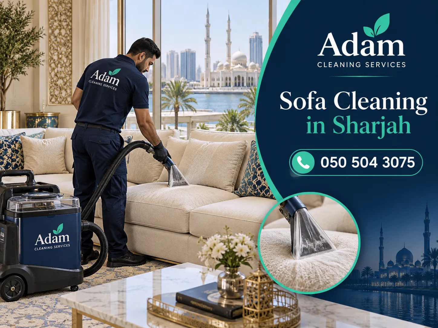 Professional Sofa Cleaning in Sharjah inside a modern residential living room
