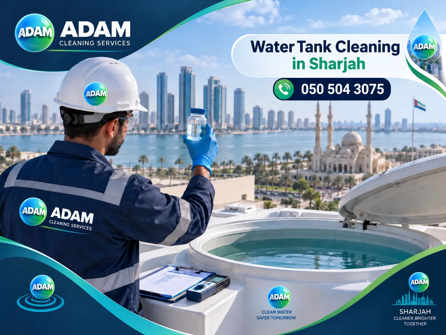 Water Tank Cleaning in Sharjah team removing sediment and cleaning an internal residential water tank